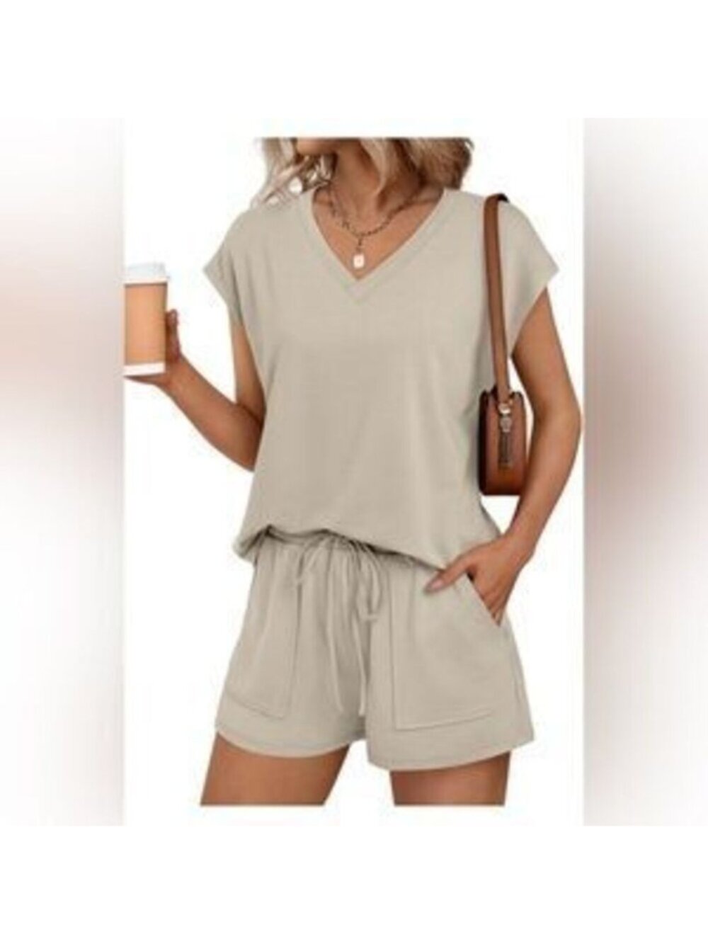 Casual V-Neck Drawstring Short Set